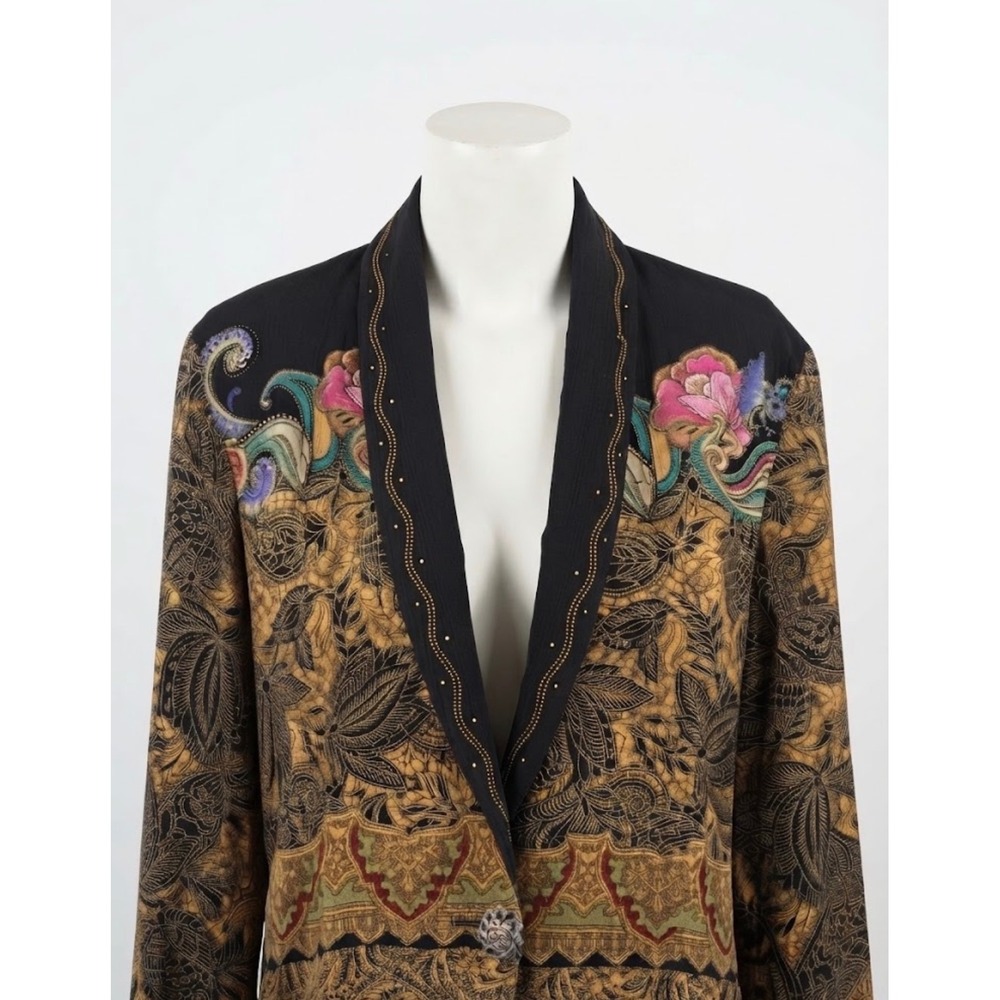 Carole Little Rayon Floral Paisley Statement Blazer Jacket Gold Black Size 14